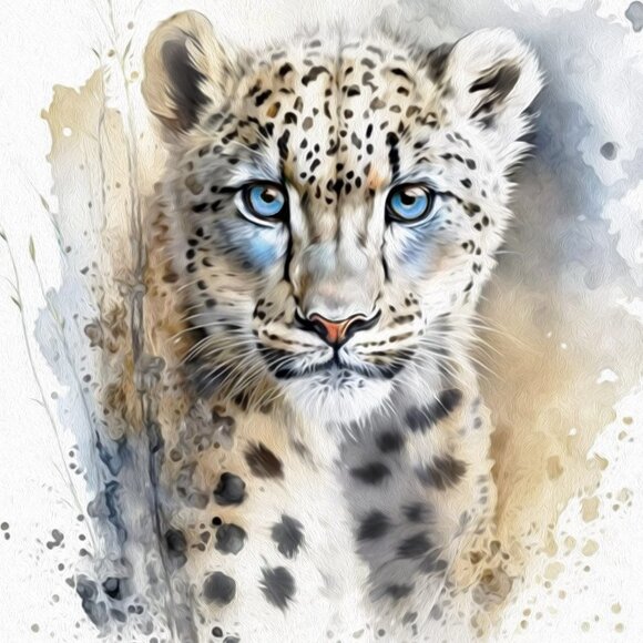 8x8 Snow Leopard Blue‎ Eyes Portrait Watercolor Fantasy Art Oil Painting Print - Picture 2 of 7